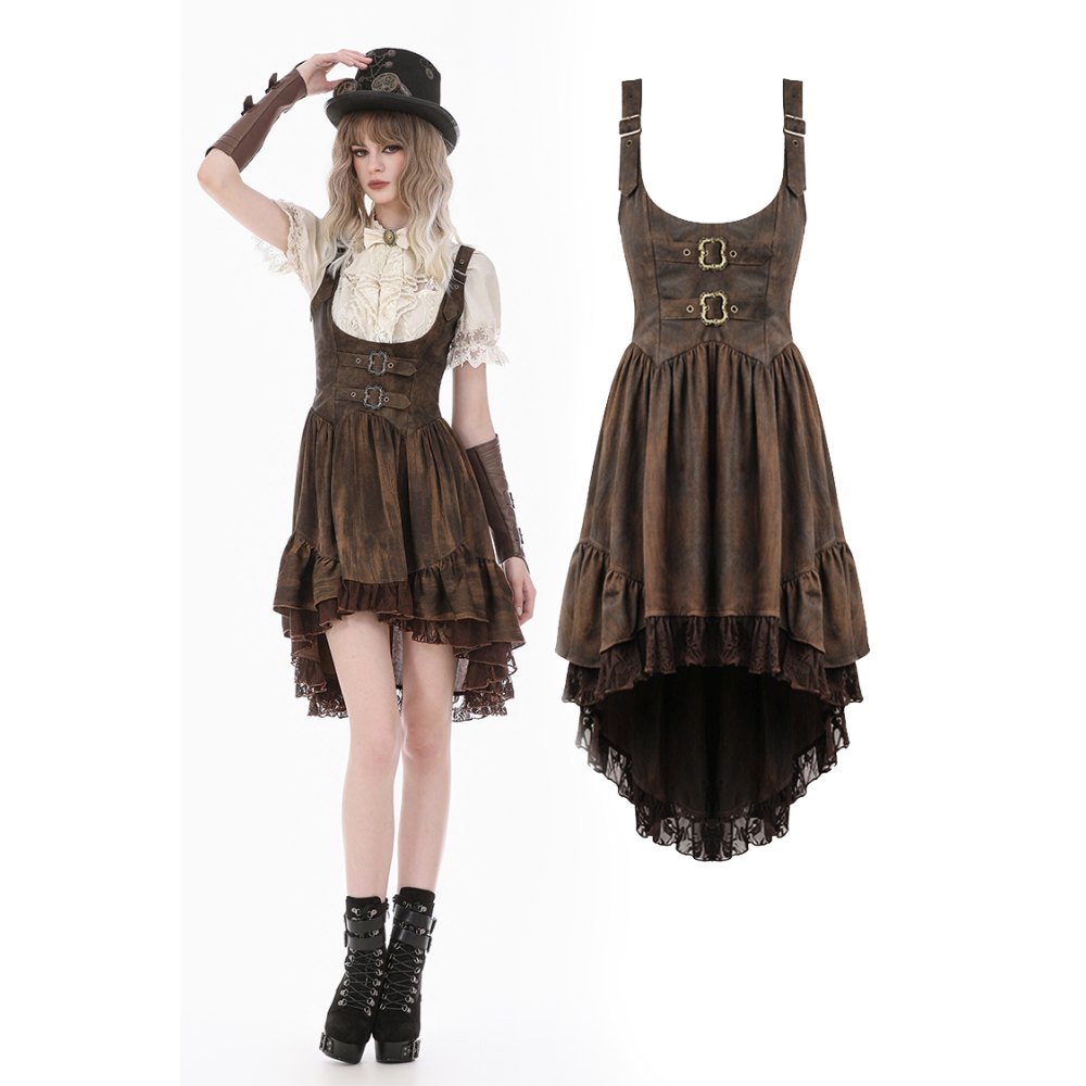 Dark in Love - Steampunk Vintage TieDye Leather Patchwork Lace High low jurk - Bruin
